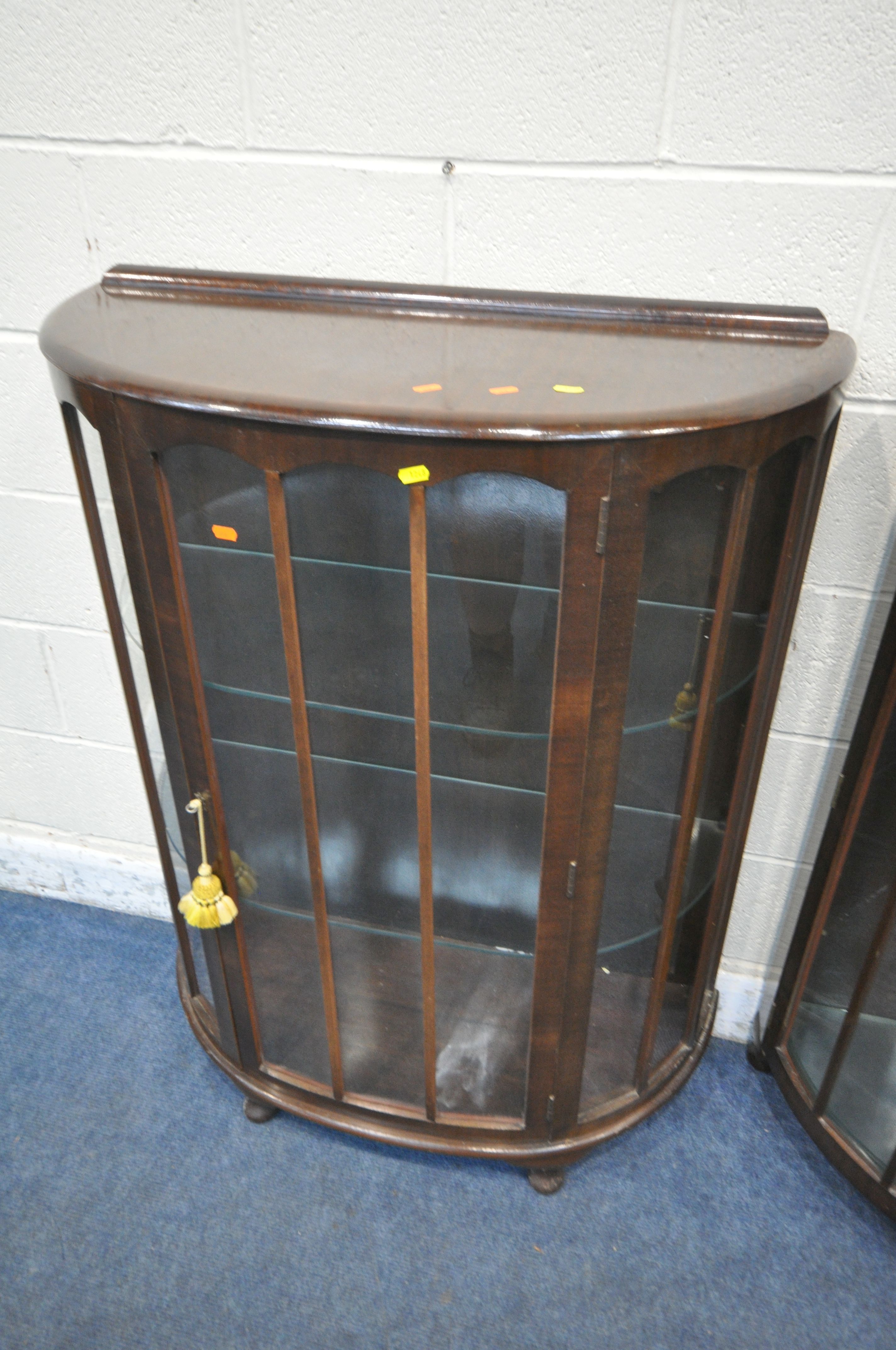 TWO 20TH CENTURY MAHOGANY DISPLAY CABINETS, each with a single door and two glass shelves, on - Image 4 of 4