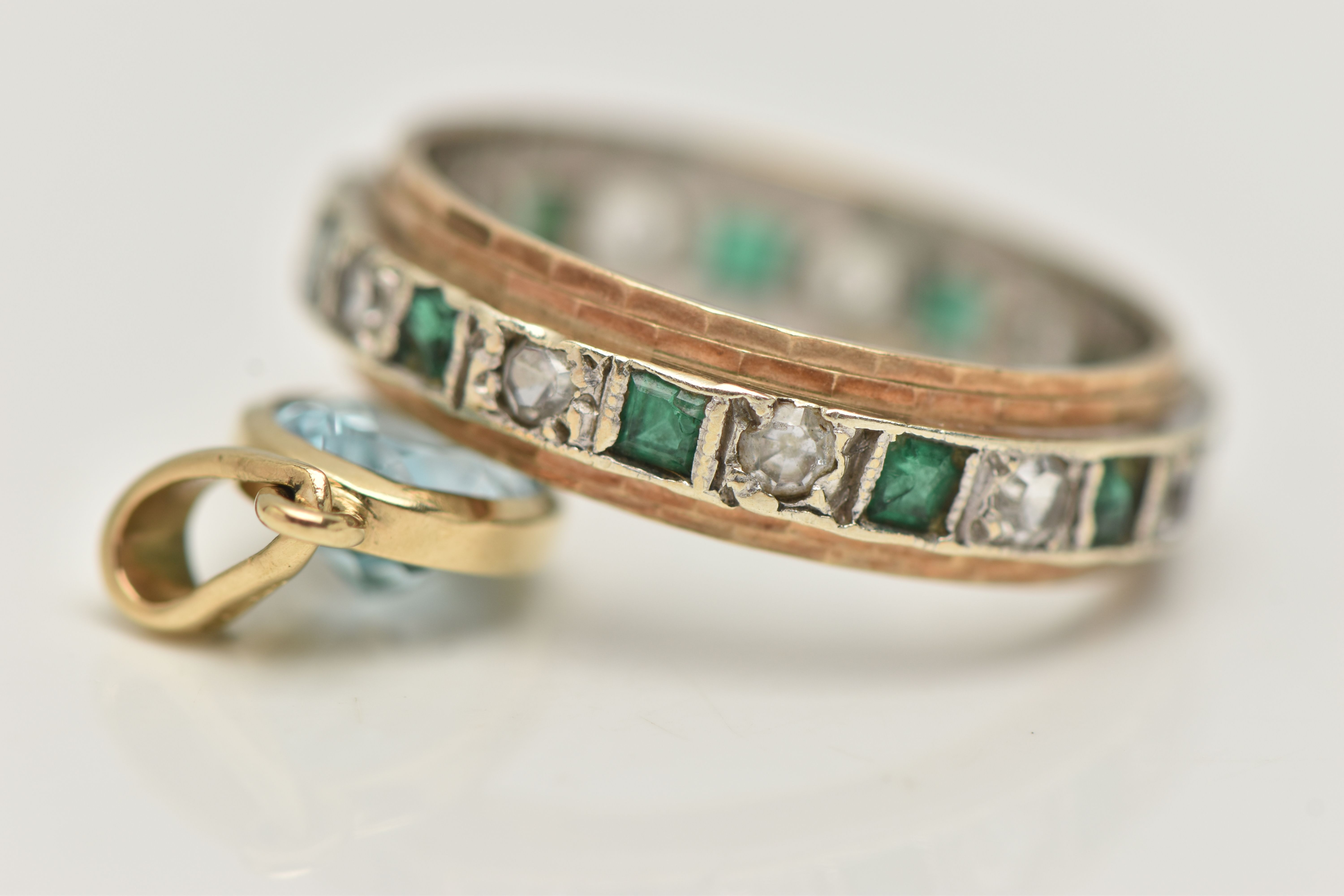 A 9CT GOLD SPINEL AND EMERALD FULL ETERNITY BAND, AND A PENDANT, the ring set with a row of square - Image 4 of 4
