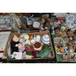 FOUR BOXES AND LOOSE CERAMICS, ORNAMENTS, GLASS WARE, PICNIC SET AND SUNDRY ITEMS, to include six