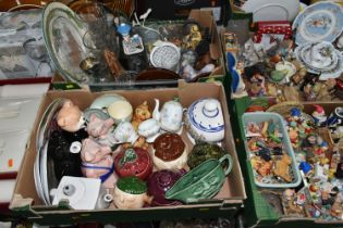FOUR BOXES AND LOOSE CERAMICS, ORNAMENTS, GLASS WARE, PICNIC SET AND SUNDRY ITEMS, to include six