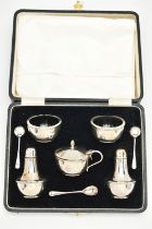 A CASED SILVER 'JOSEPH GLOSTER' CRUET SET, complete with two salts, two pepperettes, a mustard