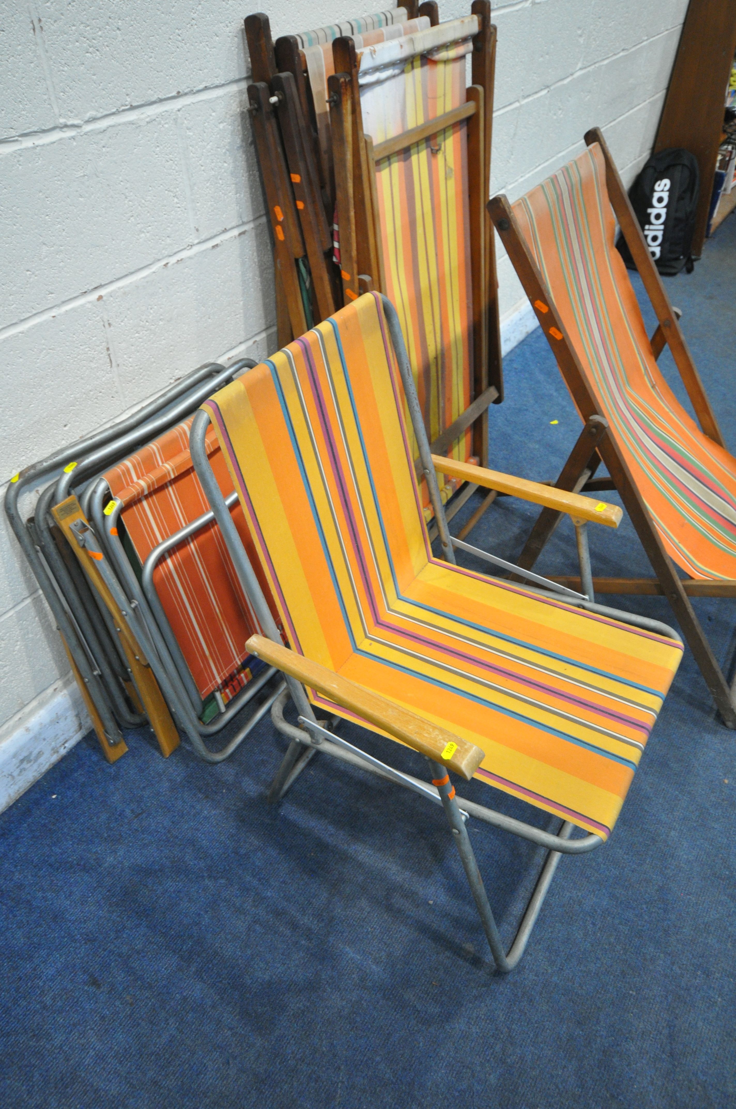 FOUR MID CENTURY FOLDING BEACH CHAIRS, with stripped fabric seats, along with a set of four - Image 4 of 4