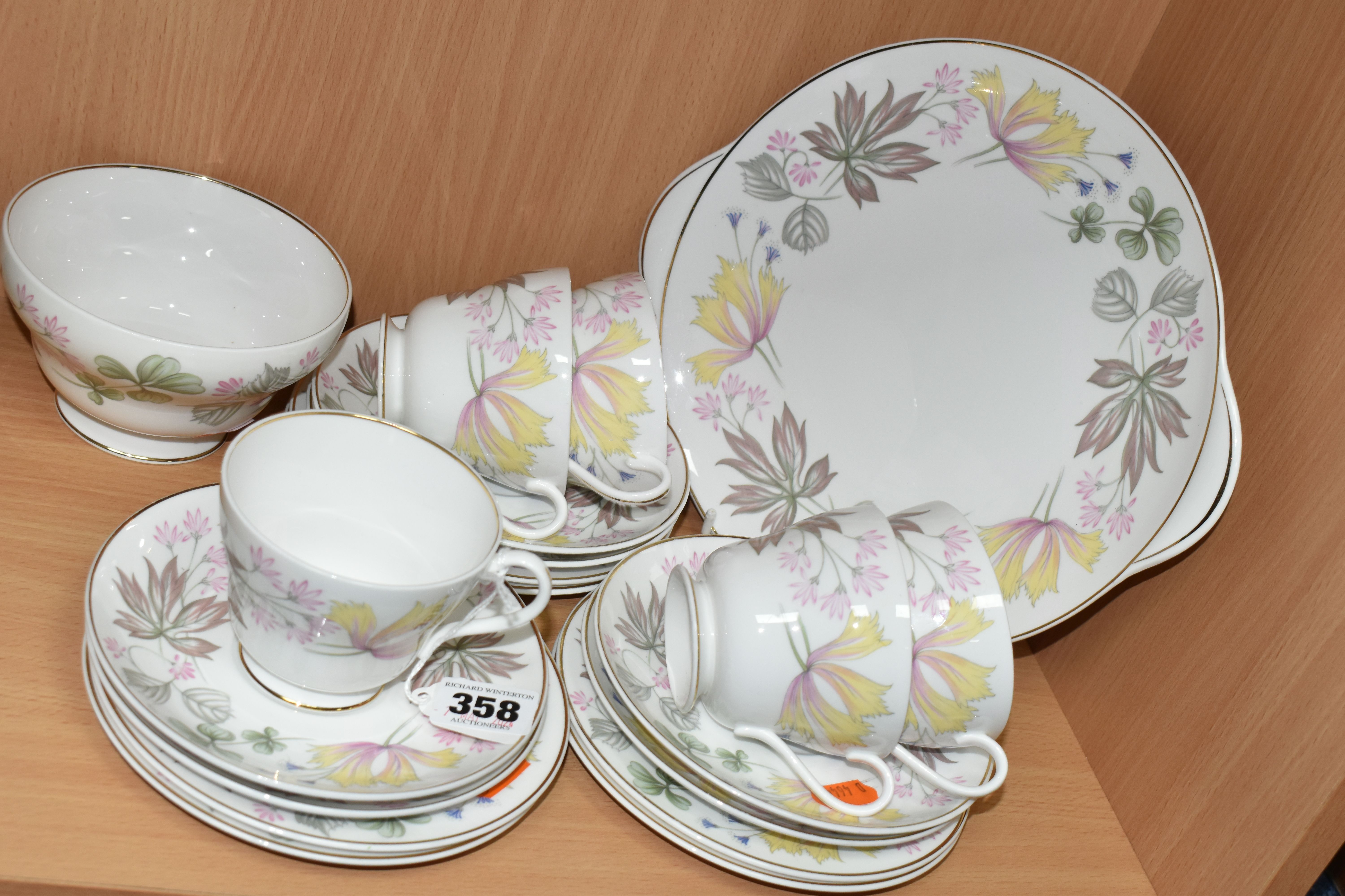 A SHELLEY 'COLUMBINE' 13922 PATTERN TEA SET, comprising a cake plate, sugar bowl, five cups, six