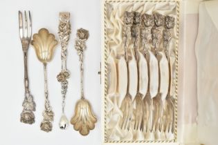 A SMALL ASSORTMENT OF CONTINENTAL CUTLERY, a cased set of white metal desert forks with floral and