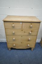 A 19TH STYLE CENTURY PINE CHEST OF TWO SHORT OVER THREE LONG DRAWERS, raised on turned front legs,