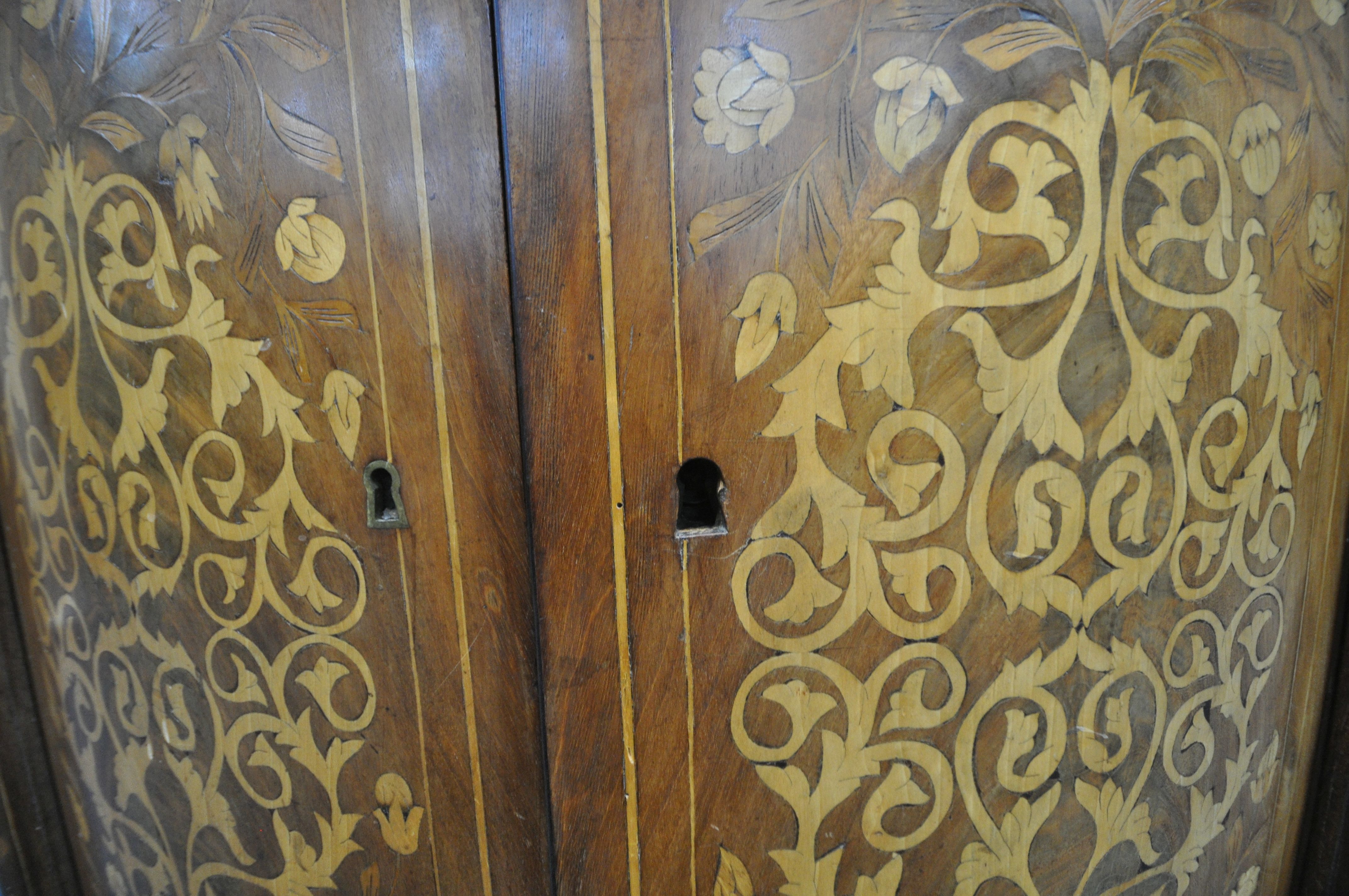 A 19TH CENTURY DUTCH MAHOGANY AND MARQUETRY INLAID DEMI-LUNE MARBLE TOP COMMODE, featuring - Image 10 of 13