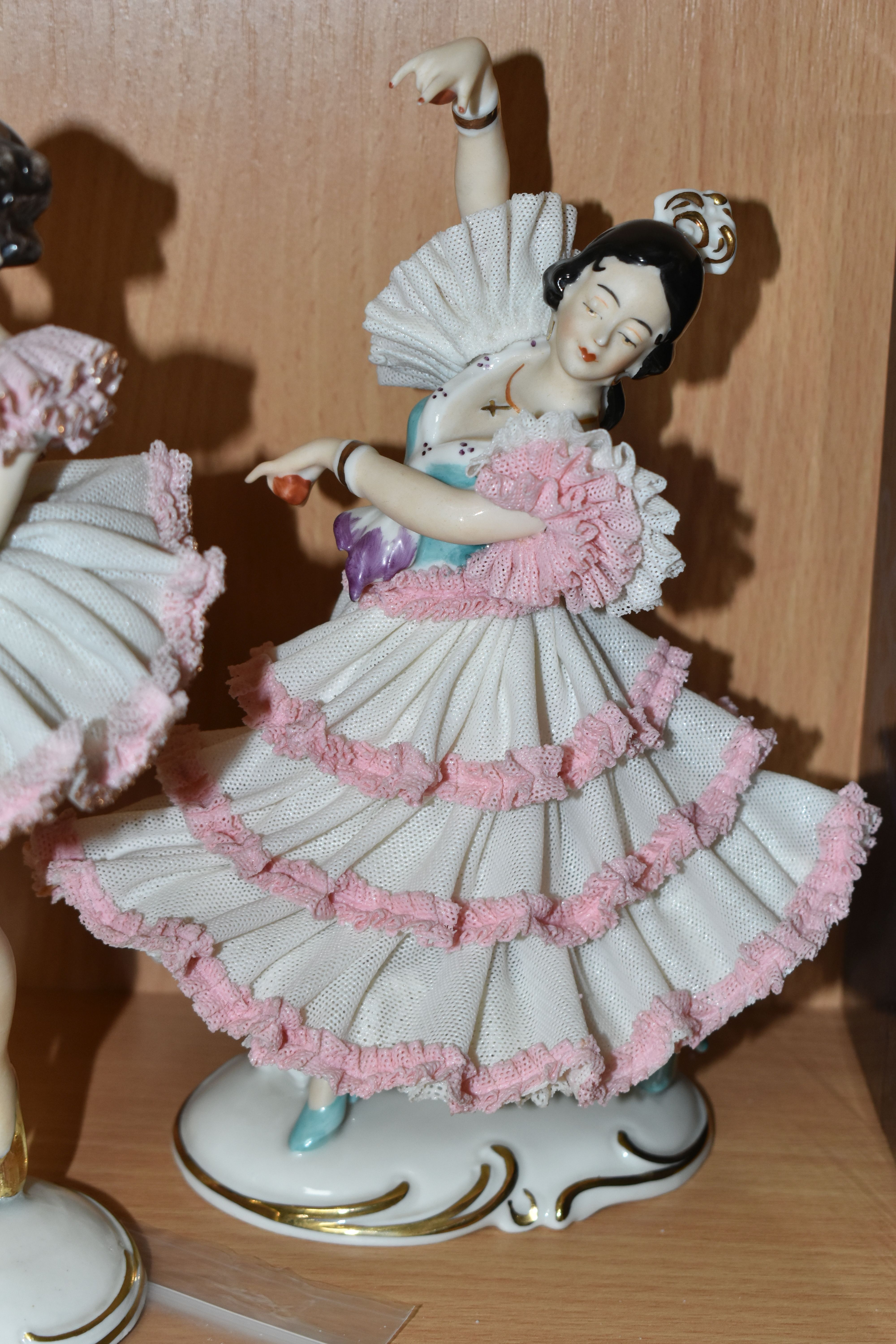 EIGHT DRESDEN FIGURES, with lace skirts, to include a figure group, flamenco, ballet and other - Image 9 of 13