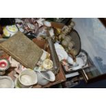 THREE BOXES OF ASSORTED CERAMICS, GLASS AND METALWARES, ETC, including Japanese style ceramics,