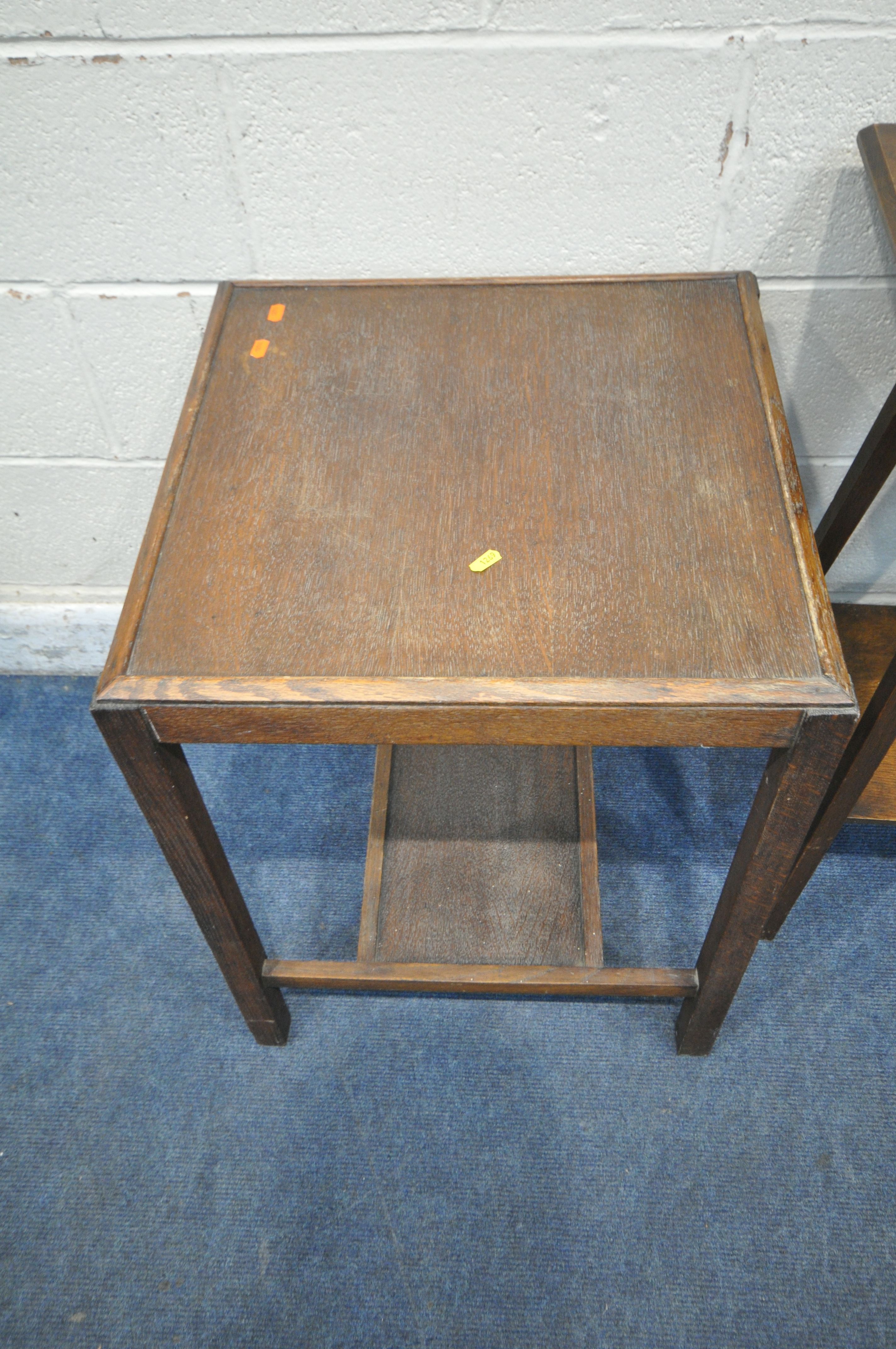A 20TH CENTURY OAK TWO TIER LAMP TABLE, with foliate details, 41cm squared x height 79cm, a two tier - Image 2 of 8