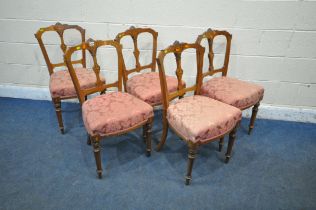 A SET OF FIVE EDWARDIAN WALNUT AND INLAID DINING CHAIRS, with foliate crest, shaped back rest,