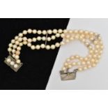 A CULTURED PEARL BRACELET, three rows of cultured cream pearls with a pink hue, each measuring