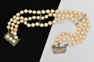 A CULTURED PEARL BRACELET, three rows of cultured cream pearls with a pink hue, each measuring