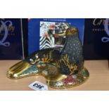 A BOXED ROYAL CROWN DERBY 'SEA LION' PAPERWEIGHT, with gold stopper, gold printed backstamp and date