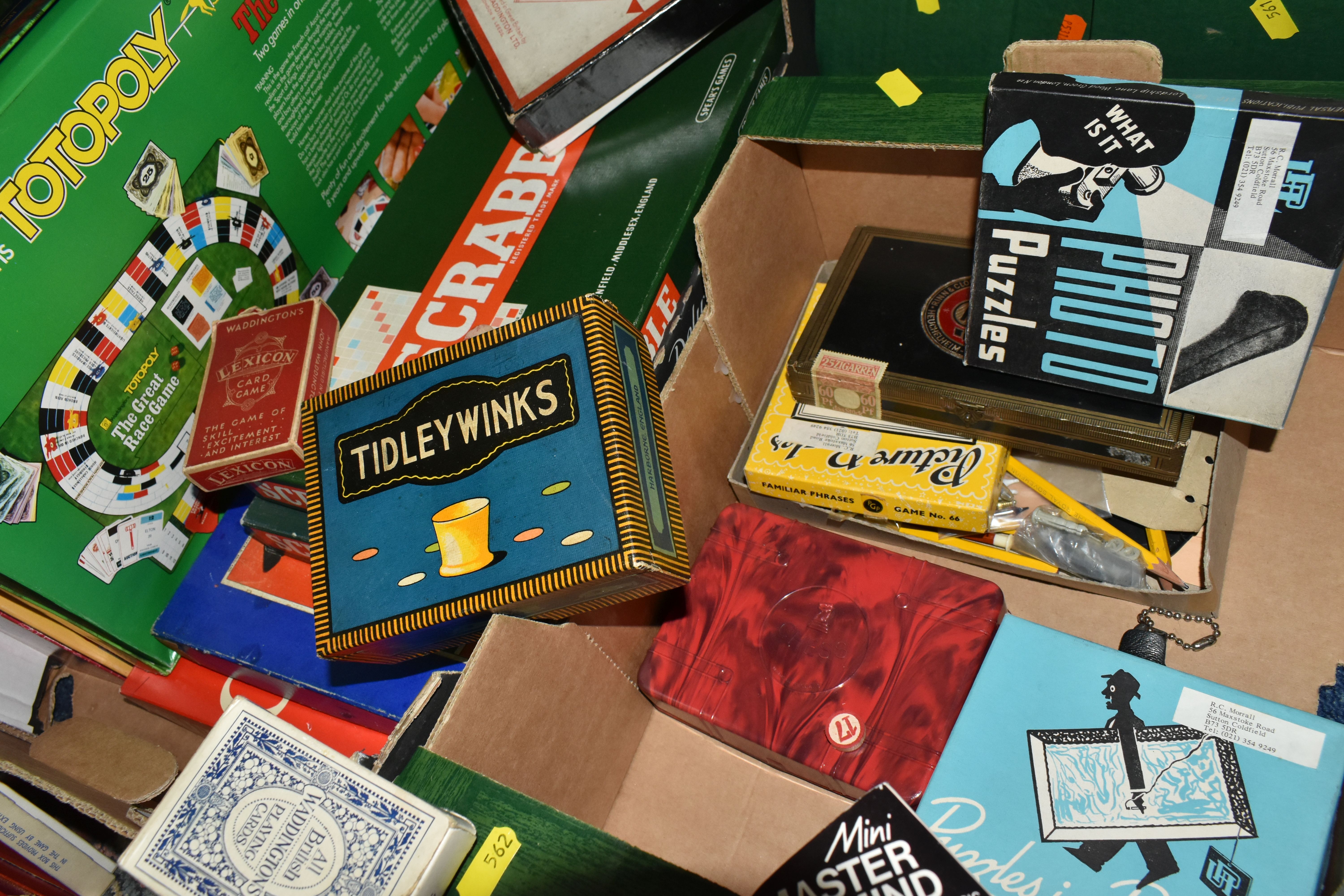 TWO BOXES OF BOARD GAMES AND PLAYING CARDS, to include two sets of Scrabble, a Monopoly board, - Image 3 of 5