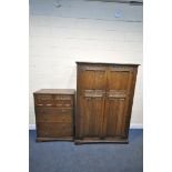A 20TH CENTURY OAK TWO PIECE BEDROOM SUITE, comprising a double door wardrobe, with floral and