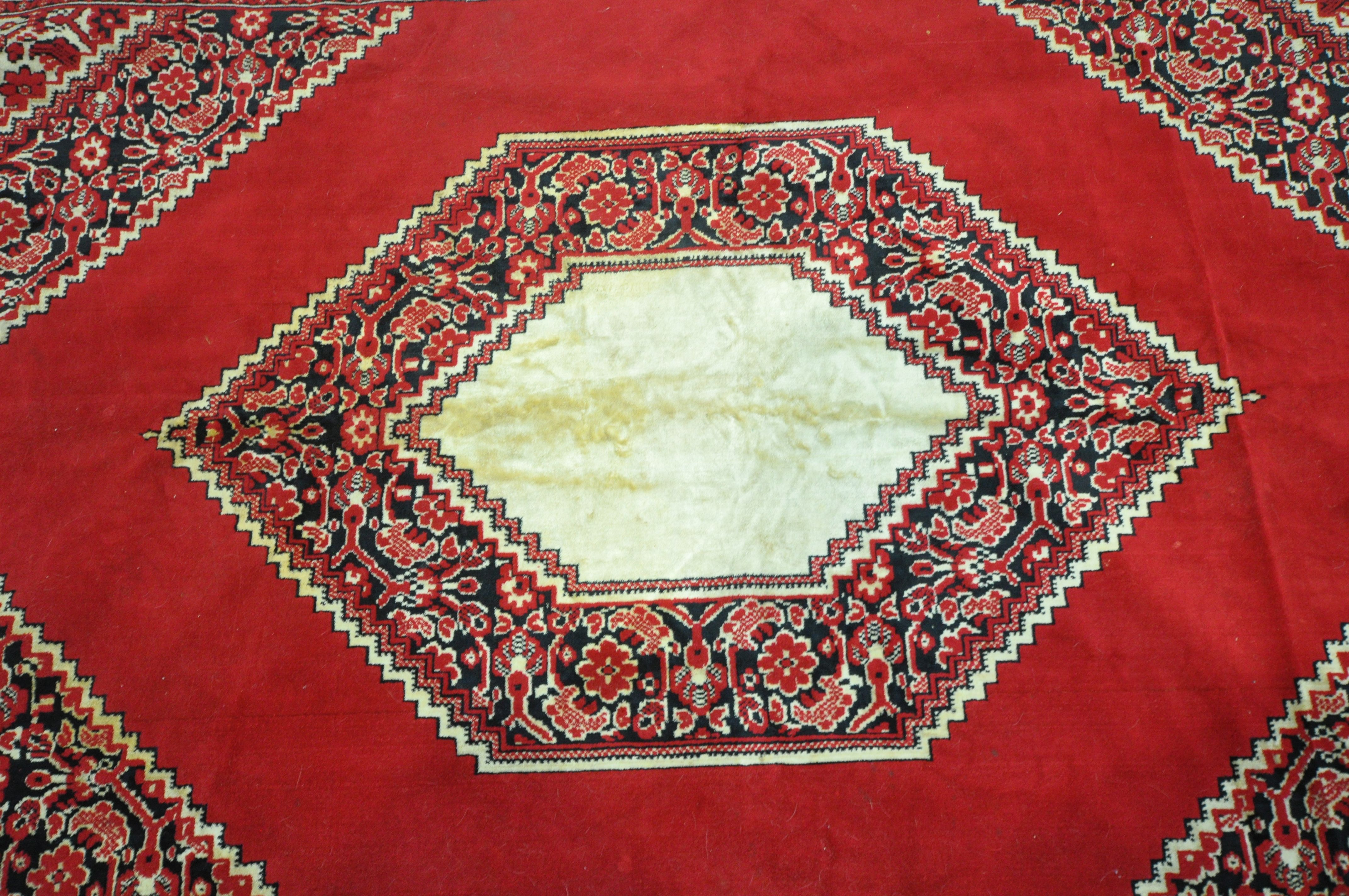 A RED GROUND SYNTHETIC SILK RUG, with central medallion, foliate designs and multi-strap border, - Image 3 of 5