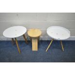 TWO SIMILAR WHITE TRIPOD TABLES, one with a raised gallery, along with a beech folding stool (