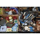 FIVE BOXES AND LOOSE ADVERTISING TINS AND OTHER METALWARE, to include twenty nine advertising tins