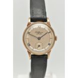 A GENTS 9CT GOLD 'J.W.BENSON' WRISTWATCH, manual wind, round silvered dial signed 'J.W.Benson