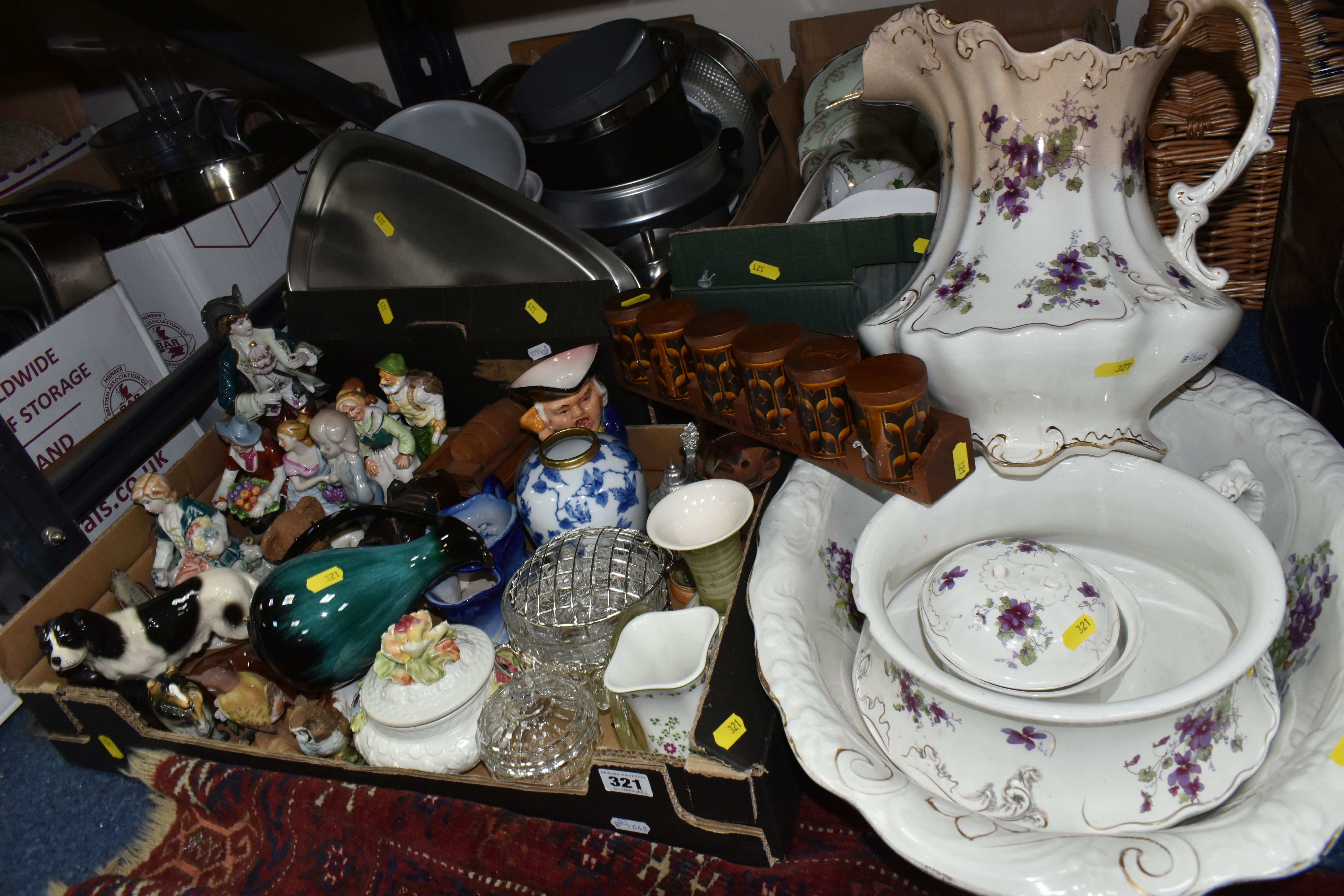 THREE BOXES AND LOOSE CERAMICS AND KITCHENWARE, to include a Henry Alcock & Co. Victorian wash bowl,