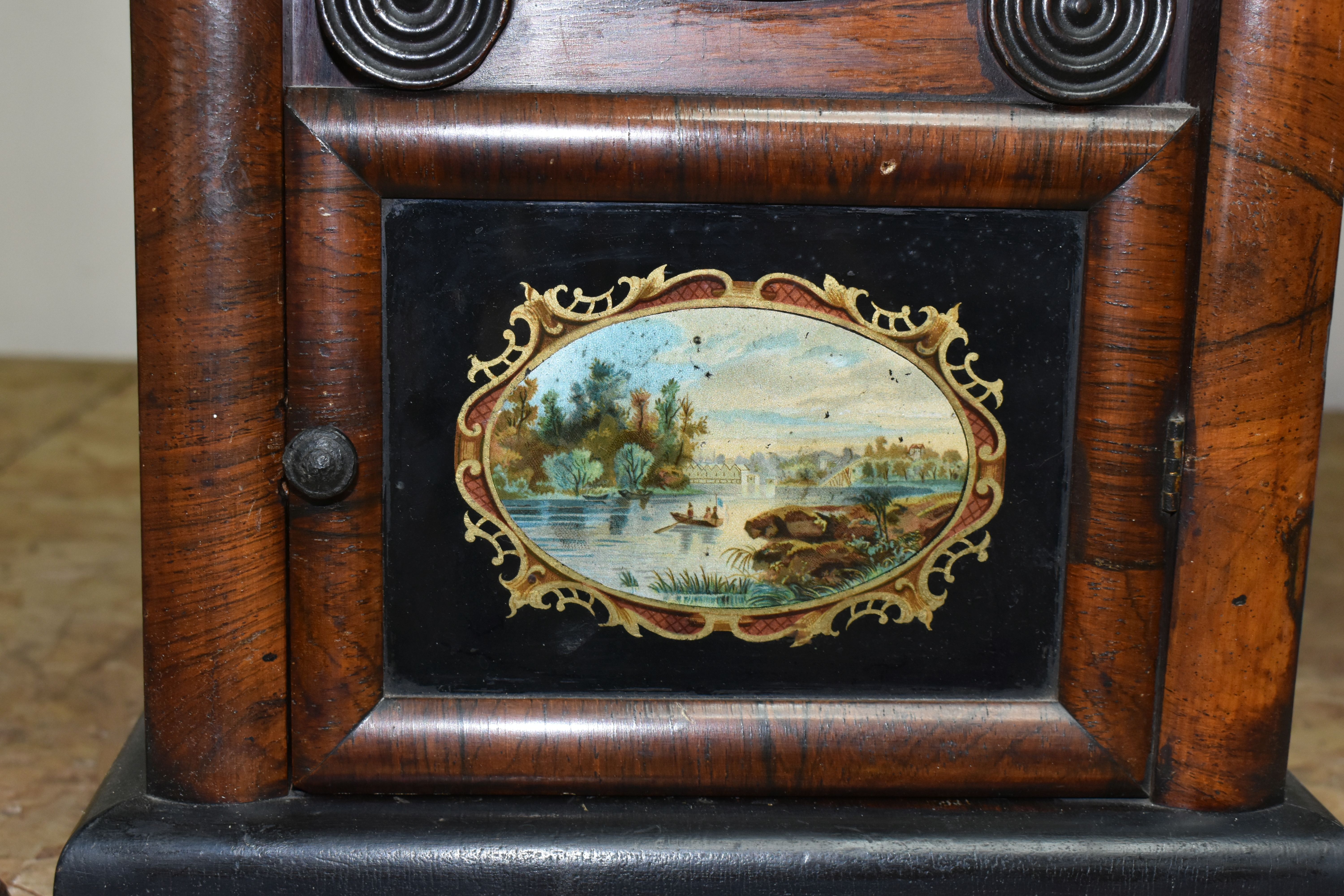 AN AMERICAN BRACKET CLOCK, veneered and painted case, printed with a vignette of a lakeside scene on - Image 2 of 6