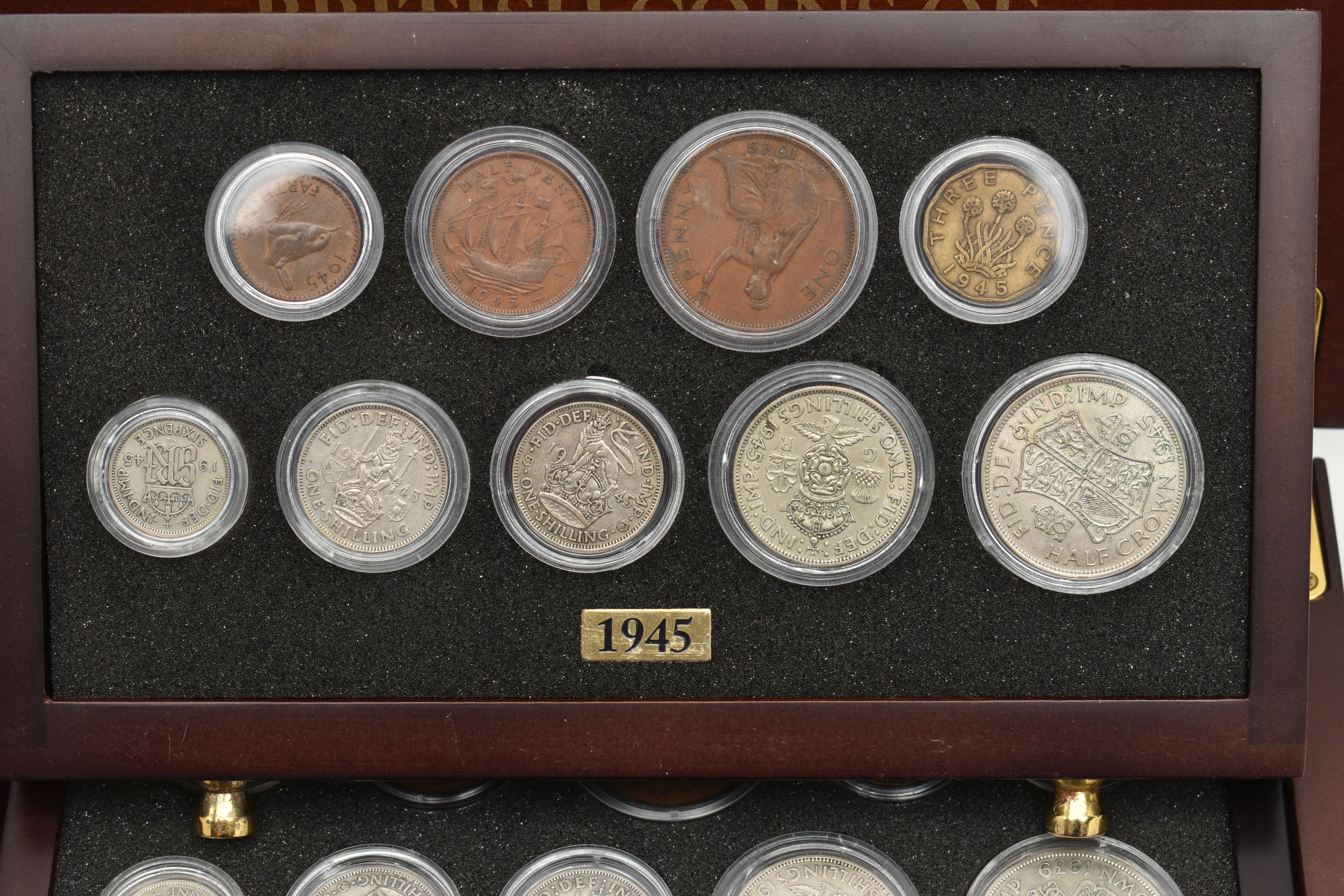 A SMALL WOODEN COIN CABINET, consisting of eight drawers seven containing UK coinage from 1939-1945, - Image 8 of 10