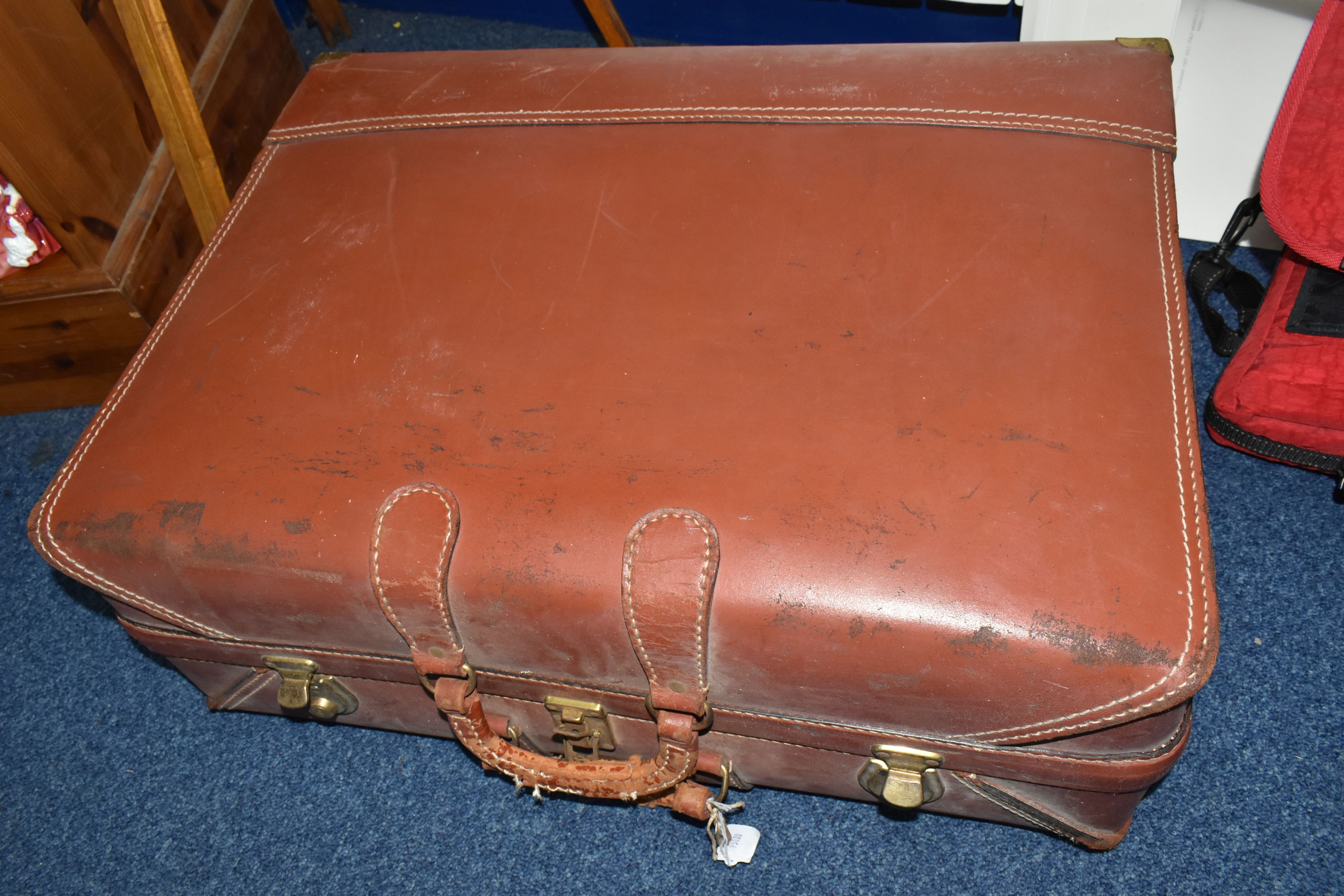 A BROWN TRAVELLING TRUNK, containing two brown leather school satchels (one monogrammed), a brown - Image 5 of 5