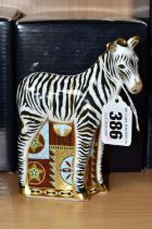 A BOXED ROYAL CROWN DERBY 'ZEBRA BABY' PAPERWEIGHT, with gold stopper, red printed backstamp and