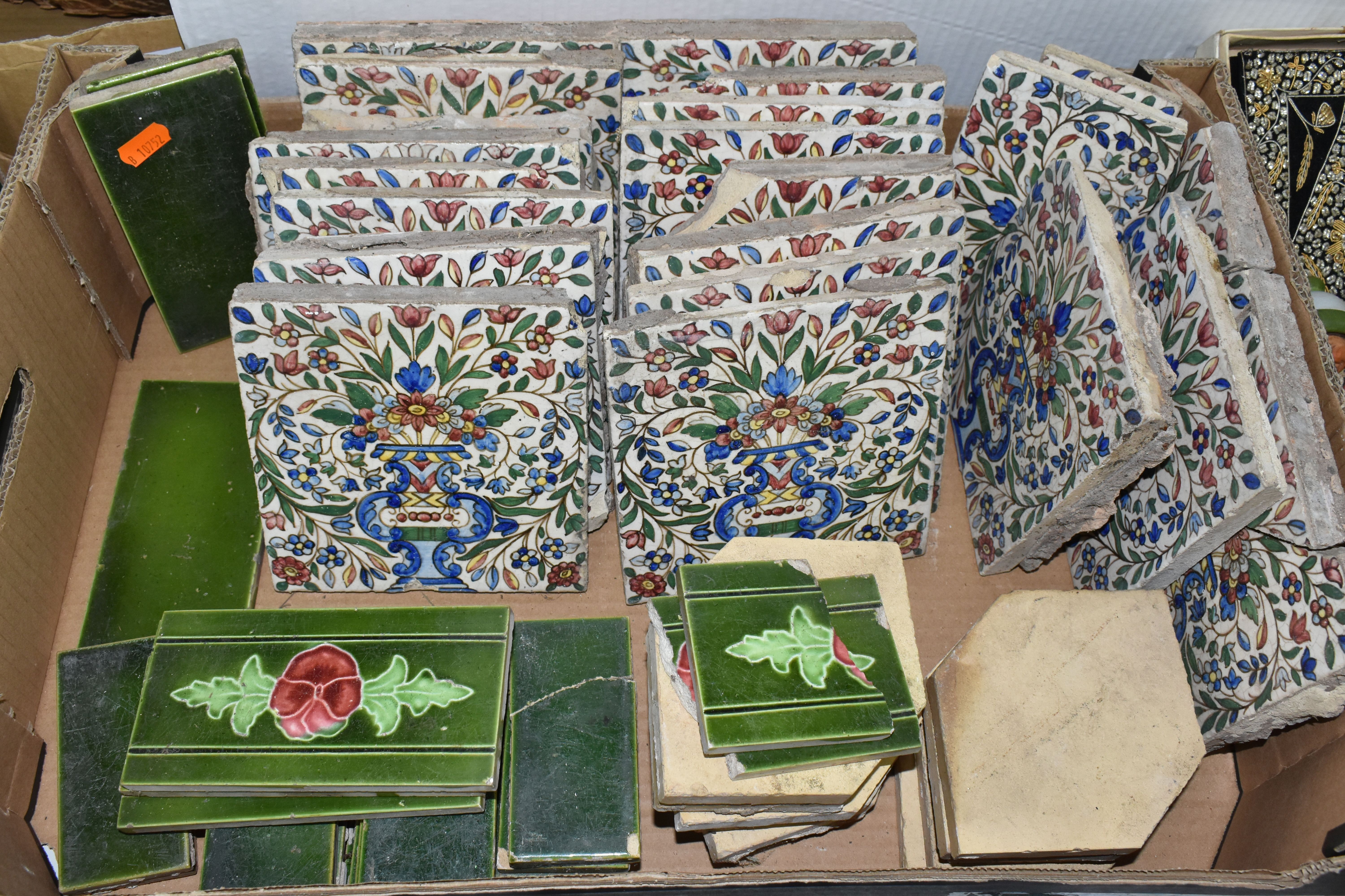 A BOX CONTAINING A SELECTION OF CERAMIC TILES INCLUDING BURSLEM AND WILLIAM DE MORGAN STYLE,