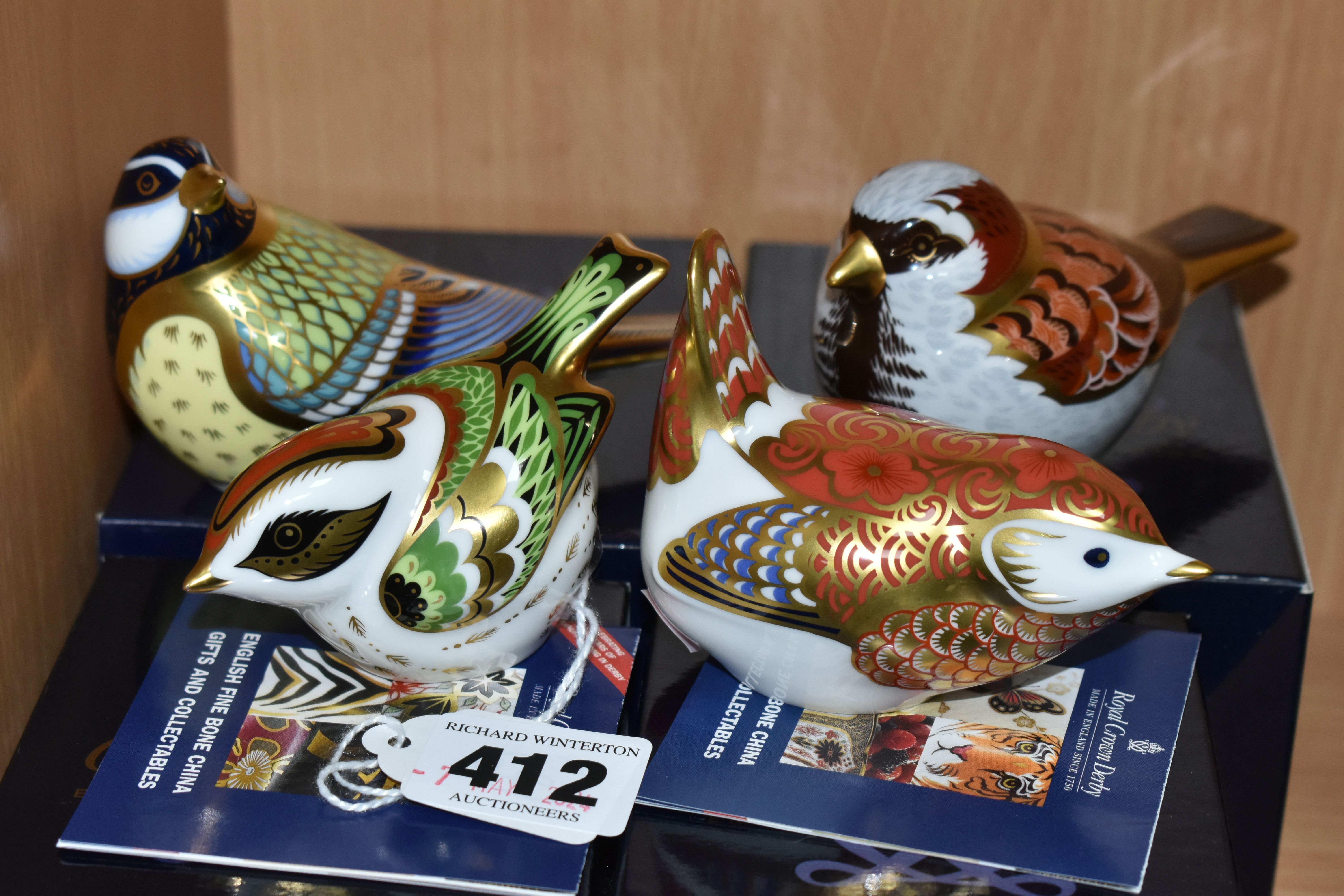 FOUR BOXED ROYAL CROWN DERBY PAPERWEIGHTS, 'Firecrest 2009', 'Manifold Wren', 'Great Tit' and 'House