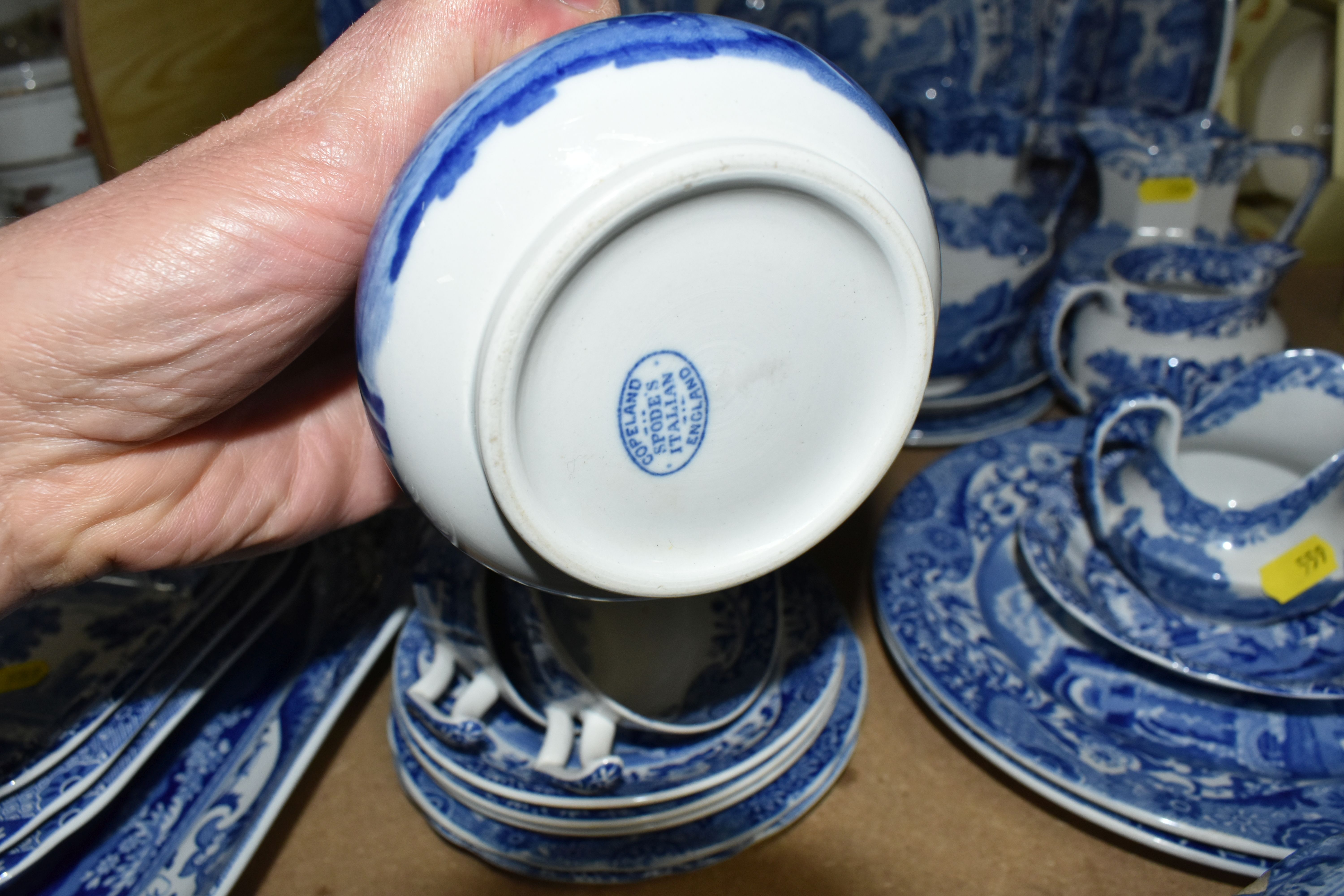 A GROUP OF SPODE'S ITALIAN DESIGN BLUE AND WHITE DINNERWARE, comprising a teapot, covered butter - Image 6 of 7