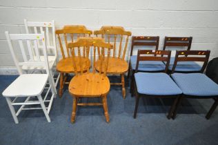 A SET OF FOUR MID CENTURY TEAK DINING CHARIS, with blue patterned upholstery, a set of three pine