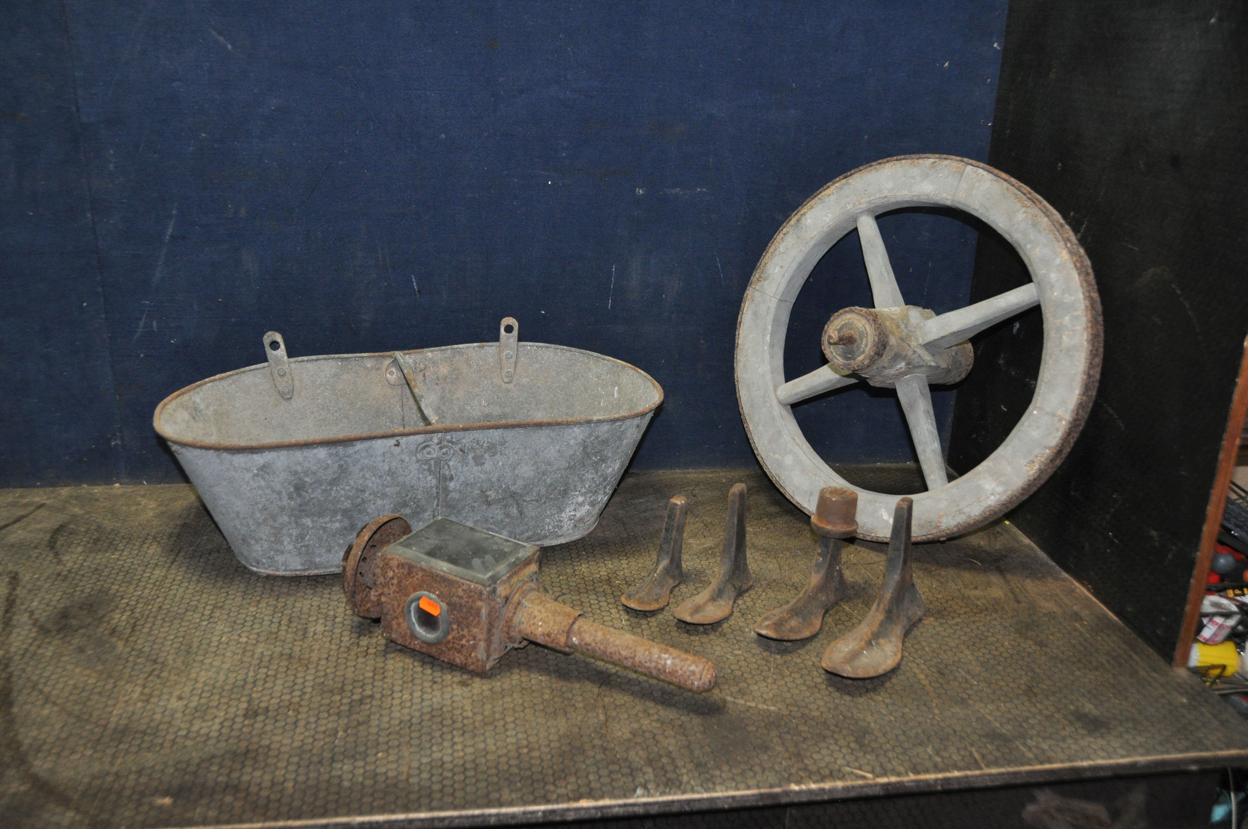 SEVEN ITEMS OF VINTAGE COLLECTABLES including an iron rimmed cart wheel 20in in diameter, a coaching
