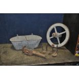 SEVEN ITEMS OF VINTAGE COLLECTABLES including an iron rimmed cart wheel 20in in diameter, a coaching