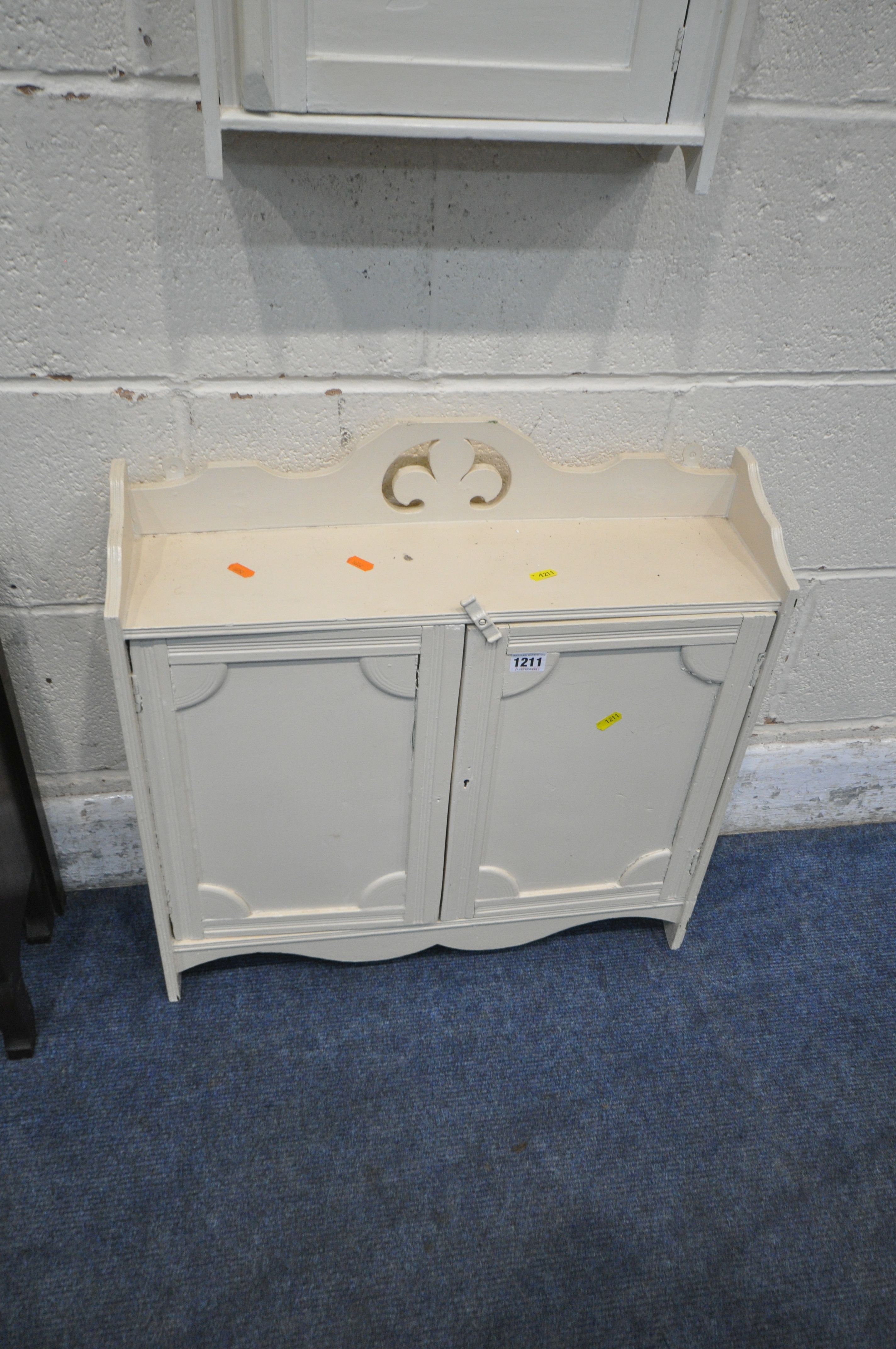 A CREAM PAINTED WALL HANGING DOUBLE DOOR CABINET, width 58cm x depth 17cm x height 57cm, a smaller - Image 2 of 4