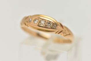 A LATE VICTORIAN 18CT GOLD, DIAMOND FIVE STONE RING, boat ring set with five graduating old cut