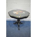 A BLACK PAINTED TRIPOD TABLE, with floral decorated top, diameter 70cm x height 61cm (condition