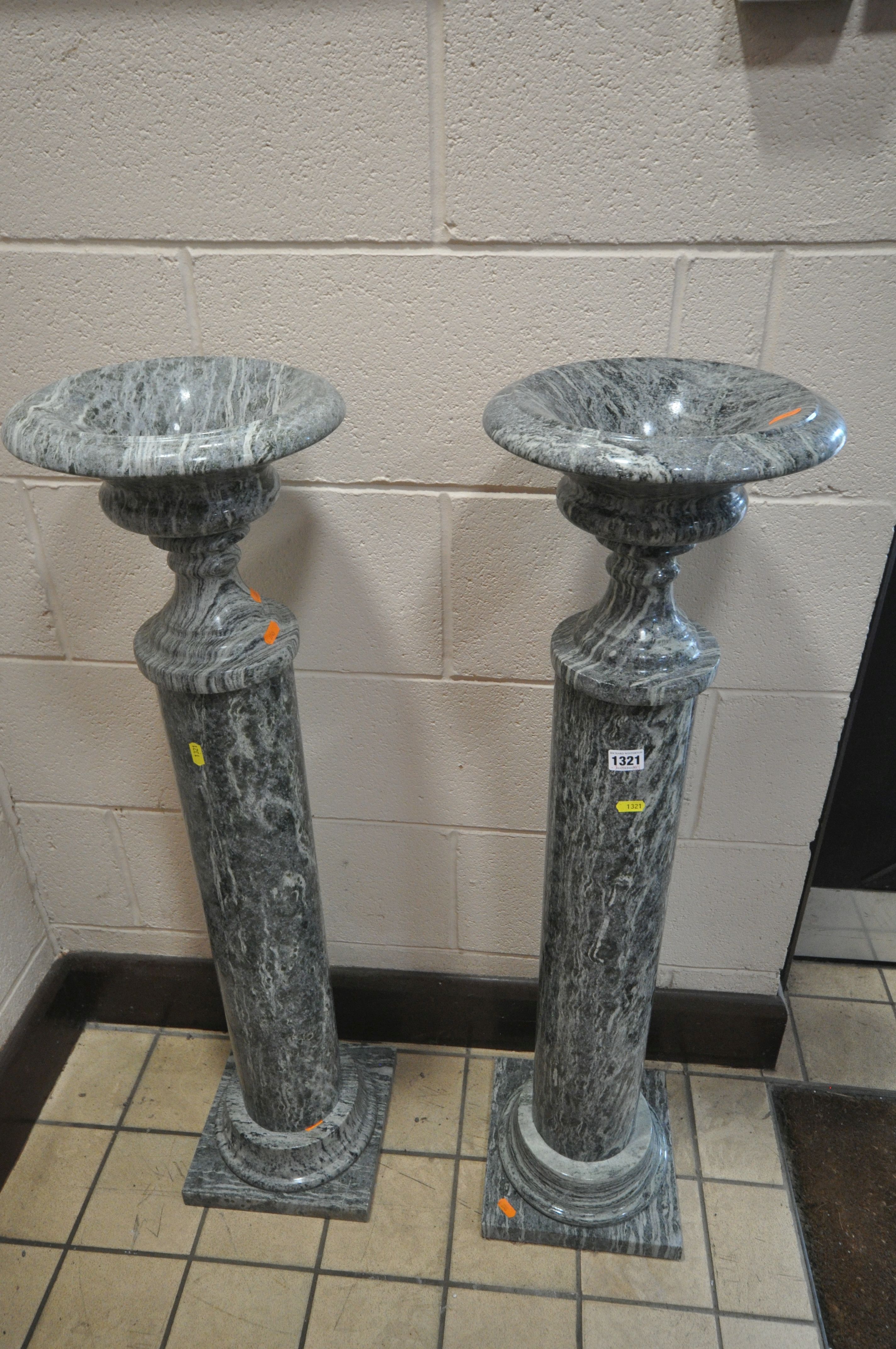 TWO MARBLE PILLARS, with dish tops, cylindrical columns on stepped bases, tallest height 110cm ( - Image 6 of 6