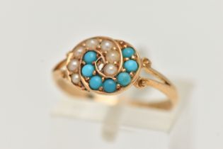 AN 18CT GOLD, EARLY 20TH CENTURY SPLIT PEARL AND TURQUOISE RING, interlocking ring head set with a