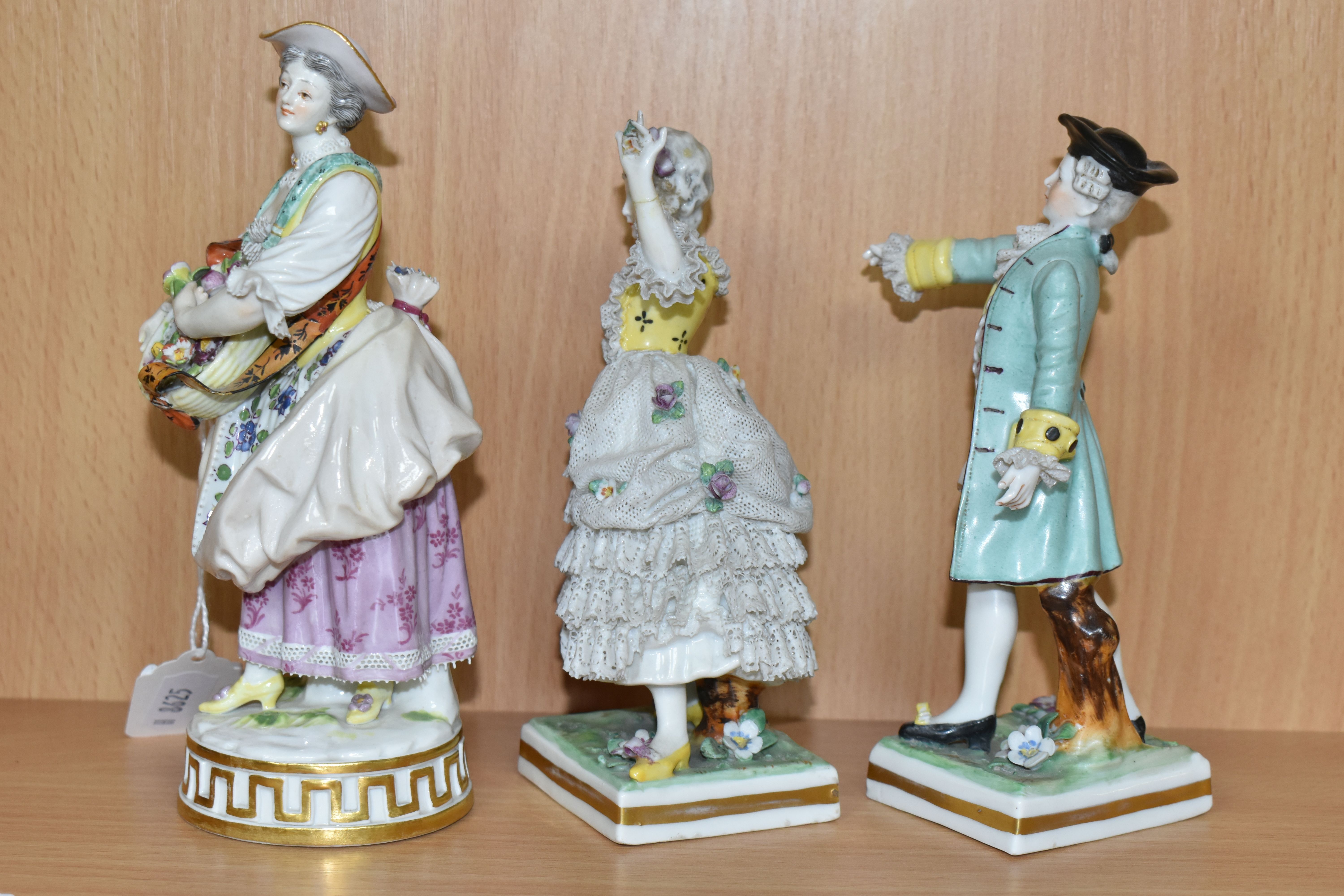 A MEISSEN PORCELAIN FIGURE OF A GARDENER AND TWO OTHER CONTINENTAL PORCELAIN FIGURES, the Meissen - Image 4 of 5