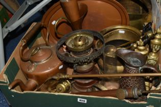 A BOX AND LOOSE METALWARE, to include a copper helmet form coal scuttle and smaller brass