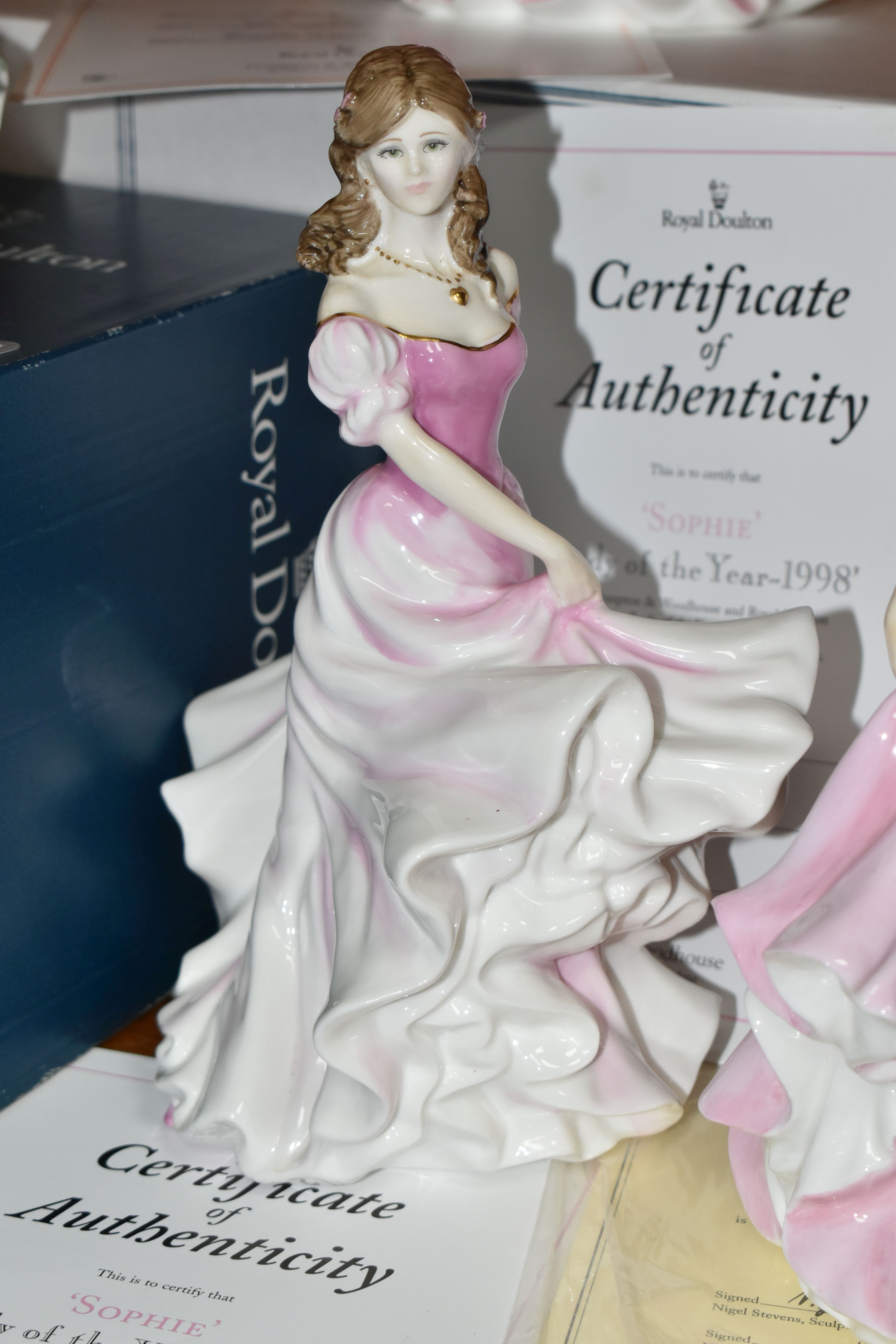 A GROUP OF FIVE ROYAL DOULTON FIGURINES, comprising two 'Sophie' Lady of the Year 1998 figures - Image 5 of 7