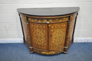A 19TH CENTURY DUTCH MAHOGANY AND MARQUETRY INLAID DEMI-LUNE MARBLE TOP COMMODE, featuring
