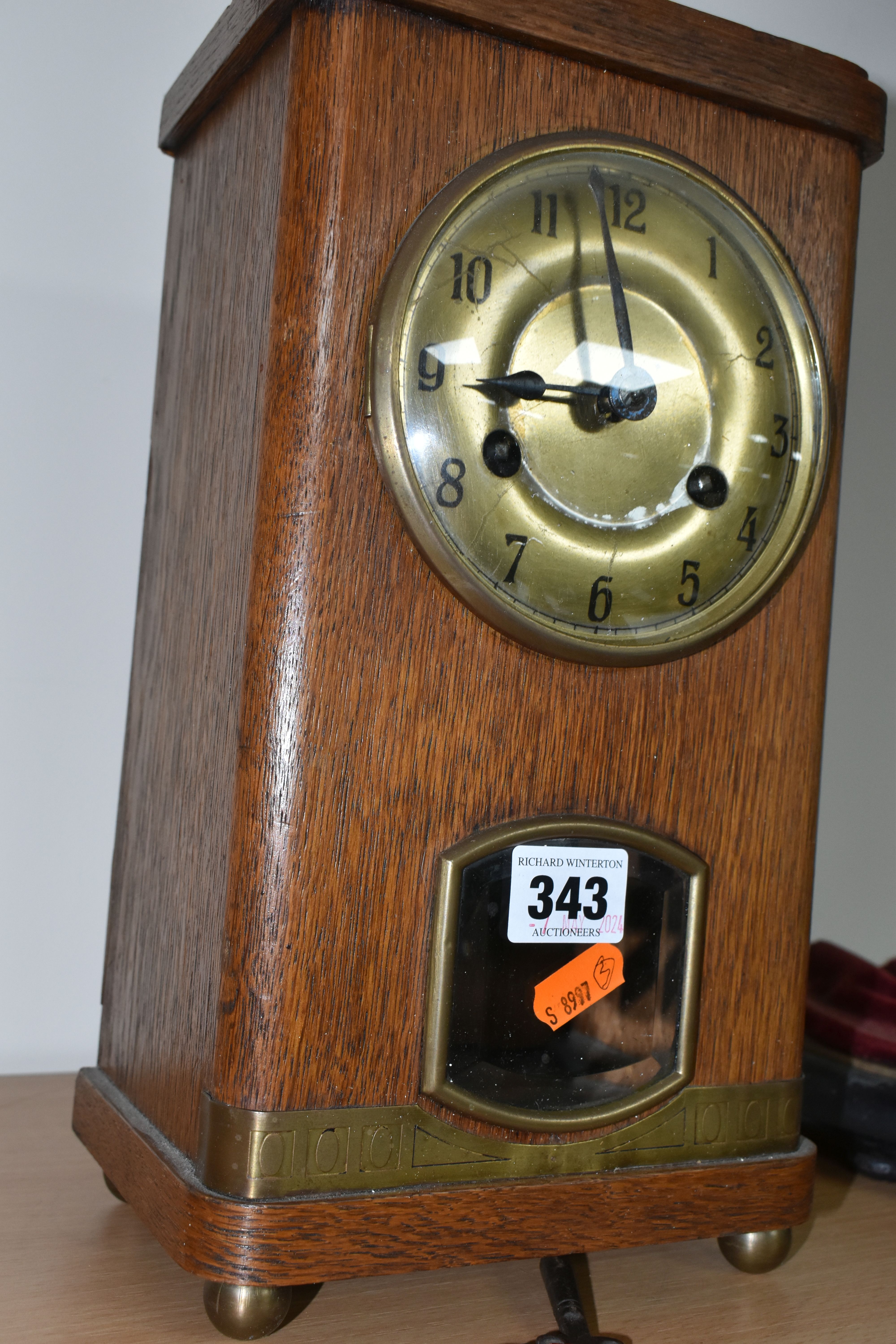 A JUNGHANS TABLE CLOCK, a plane oak case, striking gong, half hour and hour, supported by four - Image 2 of 5