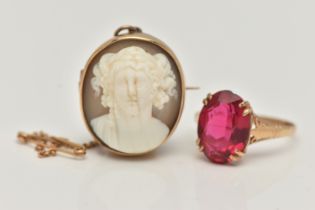 A YELLOW METAL GEM SET RING AND A HIGH RELIEF CAMEO BROOCH, the yellow metal ring, set with an