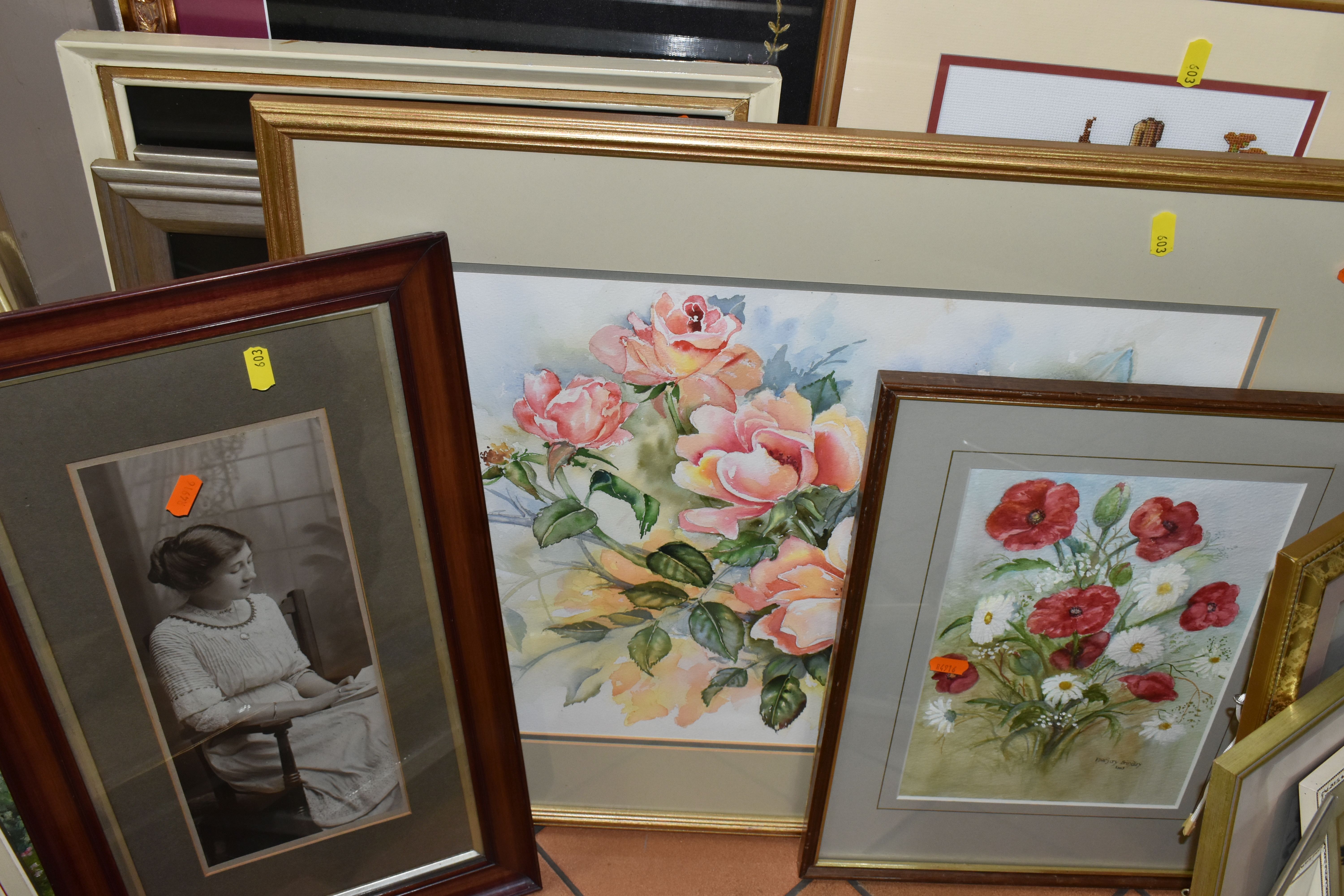 A QUANTITY OF PICTURES AND PRINTS ETC, to include a Marjorie Bishop watercolour study of roses, - Image 5 of 5