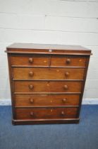 A 19TH CENTURY MAHOGANY CHEST OF TWO SHORT OVER FOUR LONG DRAWERS, width 123cm x depth 59cm x height