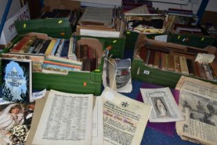 SIX BOXES OF VINTAGE BOOKS AND EPHEMERA ETC, to include 'About Britain' guide books, Eric Shipton '