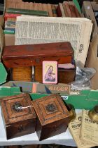 TWO BOXES AND LOOSE BOOKS, EPHEMERA AND SUNDRY ITEMS, to include two small trench art vases, one