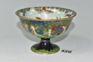 A WEDGWOOD FAIRYLAND LUSTRE FOOTED BOWL, decorated with a mother of pearl lustre with fairies in